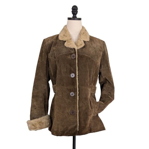 Vintage Mudd Suede Jacket M Brown Penny Lane Y2K Boho Shearling Faux Fur Retro - Picture 1 of 15